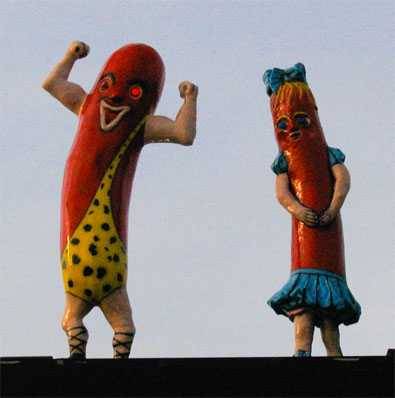 What's in a hot dog Two human hot dogs dressed as Tarzan and Jane
