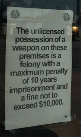 Sign from a Texas restaurant prohibiting unlicensed firearms on premises Sign from a Texas restaurant prohibiting unlicensed firearms on premises
