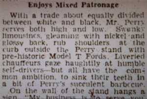 Photo of newspaper review of Henry Perry's BBQ stand from 1932 Photo of newspaper review of Henry Perry's BBQ stand from 1932